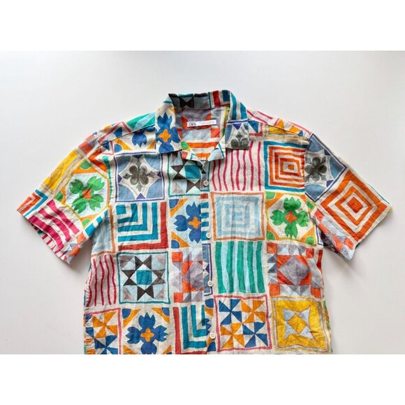 ZARA Multi Color Tile Printed 100% Cotton Short Sleeve Hawaiian Shirt, Size M - Picture 7 of 12